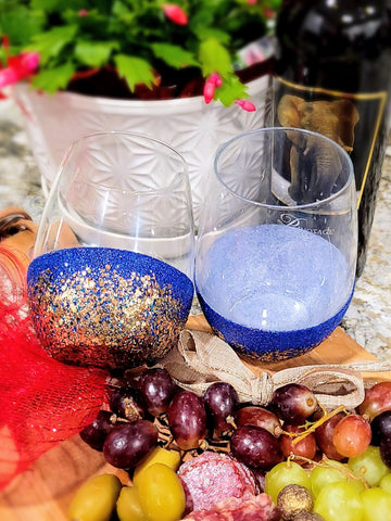 Blue & Gold Ombre Over White - 21 Oz. Handmade Glitter Dipped Wine Glass (single)