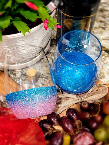 Blue & Pink Ombre' - 21 Oz. Handmade Glitter Dipped Wine Glass (single)