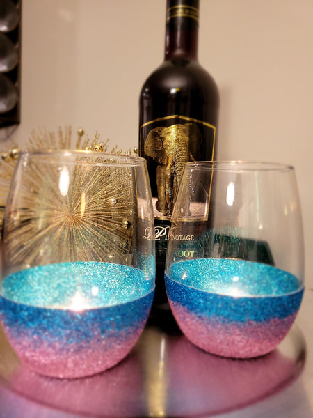 Blue & Pink Ombre' - 21 Oz. Handmade Glitter Dipped Wine Glass (single)